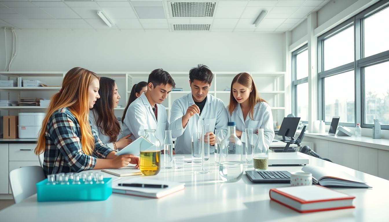 Students studying together in modern classroom